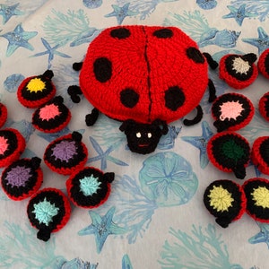 Peut inclure: Une coccinelle rouge en crochet avec des points noirs et un visage noir. Il y a 12 petites coccinelles en crochet de différentes couleurs autour de la grande coccinelle.