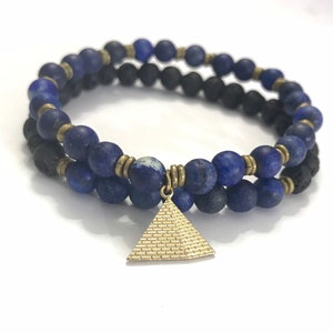 Black Lava Stone Lapis Lazuli Beaded Stretch Bracelet
