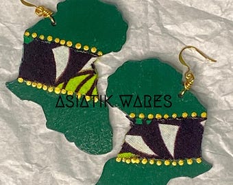 Africa Shaped Wood Earrings, Afrocentric Earrings, Hand Painted, African Fabric