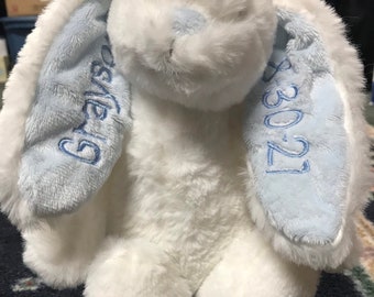 Personalized bunny rabbit, custom plushie, embroidered baby shower gift, bunny with name on ear, Easter bunny gift