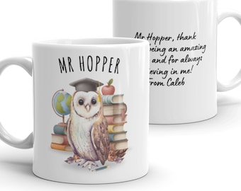 Owl Big Heart Teacher Personalised Tea/Coffee Ceramic Mug Thank You Teacher BLUE 