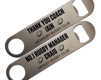 Personalised Bar Blade *Rugby Design* - Steel Bottle Opener - Rugby Coach, Manager, Presentation Gift, Coach of the Year