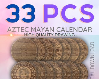 33 Pcs of wood laser engraved aztec mayan calendar Laser file Cdr, Pdf, Svg, Ai, Dxf