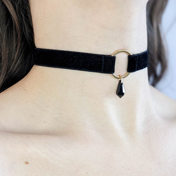 Handmade Black Velvet Choker Swarovski Crystal Gold O-Ring | Elegant Gothic Jewelry