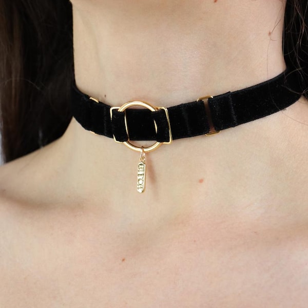 BITCH Black Choker | Adjustable Velvet Choker Gold Charm | Discreet Day Collar