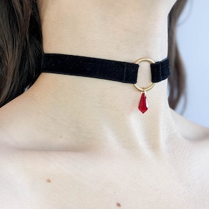 Könnte beinhalten: Ein schwarzer Samt-Choker mit einem goldenen Ring und einem roten Kristall-Anhänger.