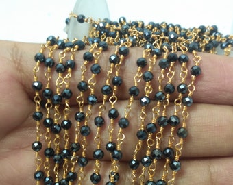 Polished Uncut Black Spinel Nugget Chips 5-8mm 24k Gold Plated Wire Wrapped Rosary Chain By Foot For Designer Necklace Making Chain Jewelry
