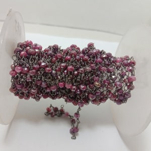 5 Feet Mystic Red Ruby Beaded Rosary Chain, Mystic Moonstone Wire Wrapped Black Plating Gemstones Beads Rosary Chains, Moonstone Bead Rosary