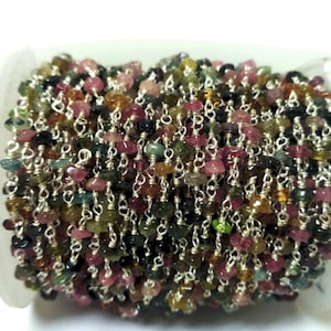 5 Foot Multi Tourmaline Beaded Rosary Chain, Tourmaline Rondelle Bead Wire Wrapped Rosary, Tourmaline Silver Plated Beaded Rosary, Gemstone