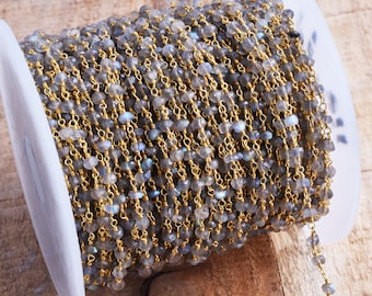 5 voet labradoriet rondelle kraal rozenkrans ketting, labradoriet vergulde draad gewikkeld edelsteen rozenkransen, blauwe labradoriet kralen rozenkrans ketting