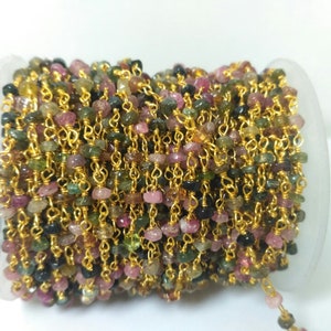 5 Feet Multi Tourmaline Rosary Style Beaded Chain, Tourmaline Rondelle Bead Wire Wrapped Gold Plated Rosary Chain