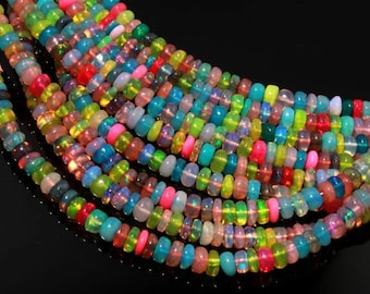 AAA+  Disco Ethiopian Opal Smooth Rondelle Beads - Multi Color Opal Smooh Rondelle Gemstone Beads - Sterling Silver 92.5 Clasp Necklace