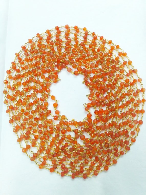 3 Feet Carnelian Hydro Beads Chain 3-4mm 24k Gold Plated Gemstone Bead