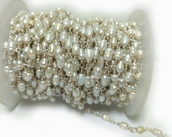 5 feet Wholesale Rise Pearl Wire Wrapped 925-zilver gepolijste ketting - Parelkralen rozenkrans stijl ketting, rozenkrans sieraden maken kettingen te voet