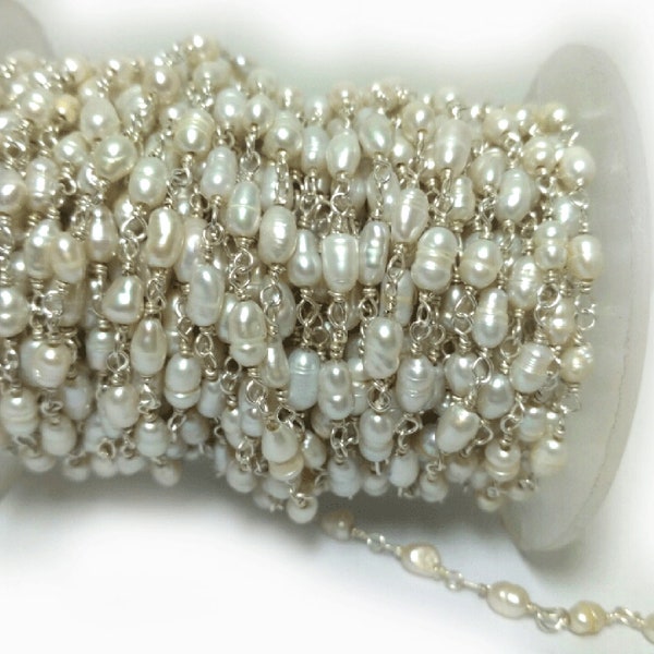 5 Feet Wholesale Rise Pearl Wire Wrapped 925 Silver Polished Chain - Pearl Beads Rosary Style Chain, Rosary jewelry making Chains By Foot