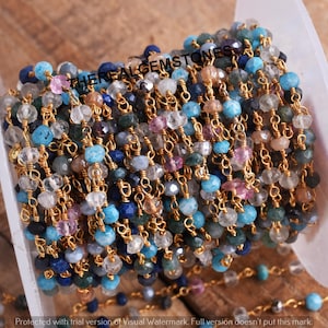 5 Feet Mix Disco Color Faceted Rondelle Rosary Chain, Multi Color Bead Wire Wrapped Gold Plated Rosary Chain, Mix Color Beaded Rosary Chain