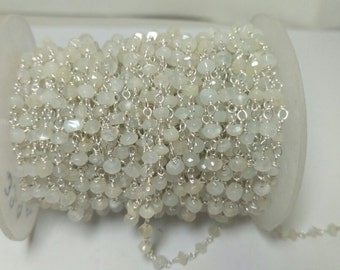 5 Foot White Moonstone Rondelle Rosary Style Beaded Chain 925 Silver Plated Wire Wrapped Jewelry Making Gemstone Rosary Bead Necklace Chain