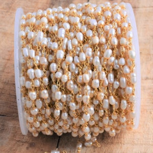 5 Feet White Rise Pearl Rosary Style Beaded Chain, Pearl Smooth Bead Wire Wrapped Gold Plated Jewelry Gemstone Rosary Chain, Pearl Gemstone