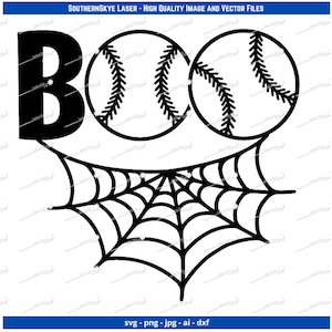 May include: Black and white illustration of the word "BOO" with two baseballs behind the letters. A black and white spider web is below the word.