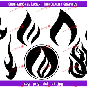 Flammes et feu Bundle svg, png, ai, dxf, fichier jpg. Idéal pour la forge luminescente, le cricut et la silhouette, ainsi que pour la gravure laser et CNC