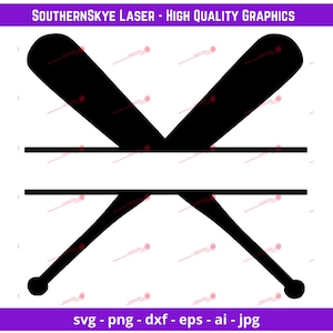 May include: Black and white silhouette of two crossed baseball bats with a blank space in the middle for text.  The bats are crossed in the middle and the ends of the bats are rounded.  The image is suitable for use as a design for a baseball-themed craft project.