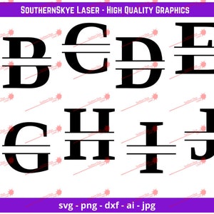 May include: Split monogram font letters A through J in black. Each letter has a horizontal line through the middle.