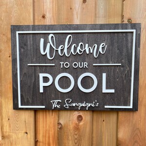 Letrero de bienvenida de madera 3D personalizado: decoración personalizada para piscinas o casas.