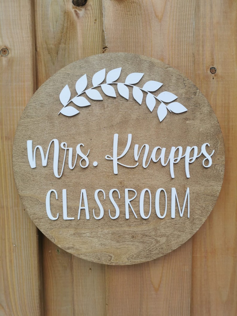 Puede incluir: Un letrero redondo de madera con una corona de hojas blancas y el texto "Mrs. Knapps Classroom" en letras blancas.