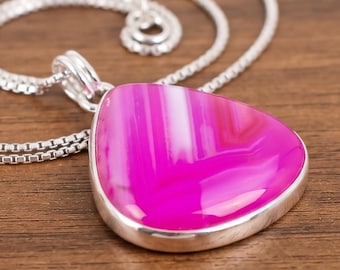 Silver Pink Banded Onyx Pendant, Women's Jewelry Jewellery Gift/ Silver