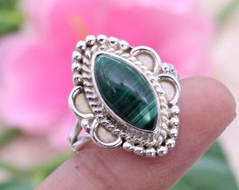 925 Silver Ring / Malachite / Bohemian Ring / Womens Ring Bands / Birthstone ring / Marquise Malachite / Customized ring size J TO Z