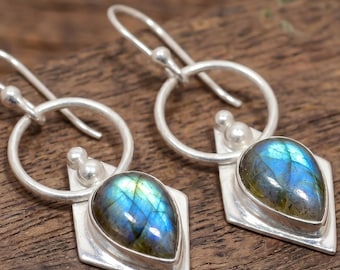 Labradorite Pear Gemstone Drop Earrings, Geometric Silver Dangle, Boho Celestial Jewelry