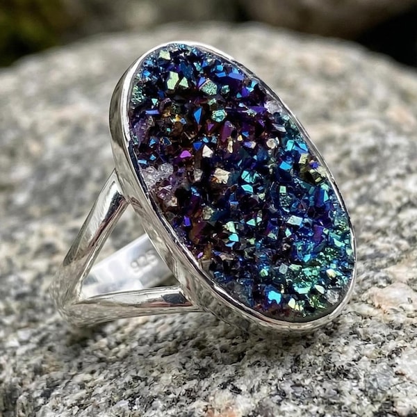 Rainbow Titanium Druzy Statement Ring – Handcrafted Silver Split Shank Boho Jewelry