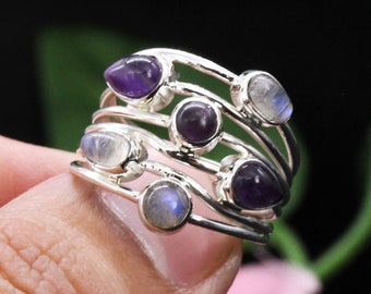 925 Silver Ring, Moonstone Ring, Amethyst Ring, Multistone Ring, Partywear Ring, Designer Ring, Wedding Ring, Customized ring size J TO Z