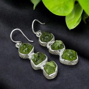 Raw Peridot  Silver Dangle Earrings - Green Gemstone Jewelry Jewellery Gift/ Silver