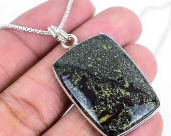 Dragon Blood Stone Pendant Necklace, Green and Red Jasper Cabochon Jewelry