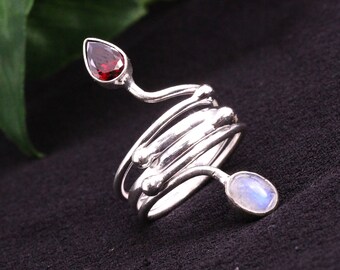 Garnet Moonstone Bypass Ring – Handmade Silver Spiral Wrap Boho Jewelry
