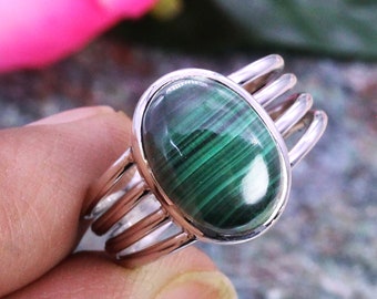925 Silver Ring, Oval Malachite Ring, Gemstone Ring, Wide Ring, Womens Ring, Designer Ring, Partywear Ring, Customized ring size J TO Z