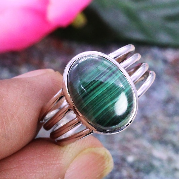 925 Silver Ring, Oval Malachite Ring, Gemstone Ring, Wide Ring, Womens Ring, Designer Ring, Partywear Ring, Customized ring size J TO Z