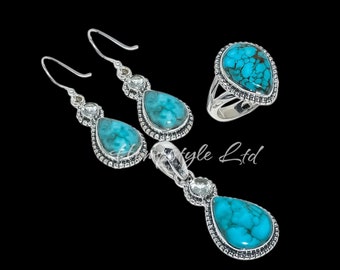 Silver Turquoise Jewelry Set: Ring, Earrings, Pendant Jewellery