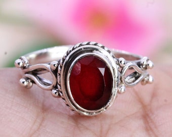 Oval Ruby Silver Ring, Birthstone Jewelry
