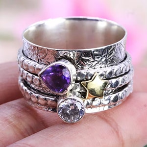 Multi Gemstone Spinner Ring, Wide Meditation Band Jewellery Gift/ Silver