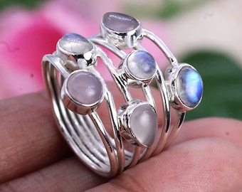 Silver Ring, Moonstone & Rose Quartz, Party Jewelry Jewellery Gift/ Silver