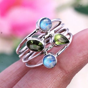 925 Sterling Silver Ring, Peridot Ring, Moonstone Ring, Multistone Ring, Womens Partywear Ring, Wedding Ring, Customized ring size J TO Z