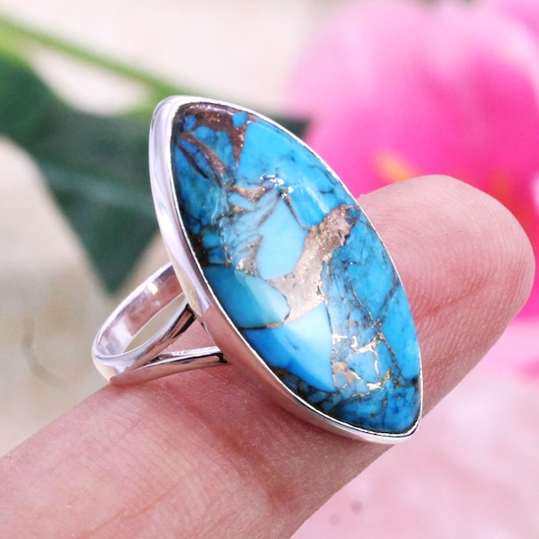 925 Solid Silver Ring, Blue Copper Turquoise Ring, Marquise ring, Womens Gemstone Ring, Dailywear Ring Jewelry,  Customized ring size J-Z