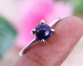 Silver Ring/ Lapis Lazuli Ring/ Round Gemstone Ring/ Tiny Midi Band Ring/ Women's Promise/ Thanksgiving Ring/ Customized ring size J TO Z