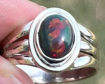 ブラックオパールシルバーリング、ハンドメイドボヘミアンジュエリー