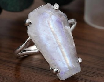 Silver Coffin Moonstone Ring, Gothic Jewelry Gift
