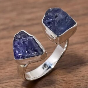 Raw Tanzanite Duo Bypass Ring - Handcrafted Two-Stone Uncut Crystal Ring
