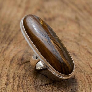 Long Oval Tiger's Eye Ring • Large Vertical Brown Gemstone Statement Ring