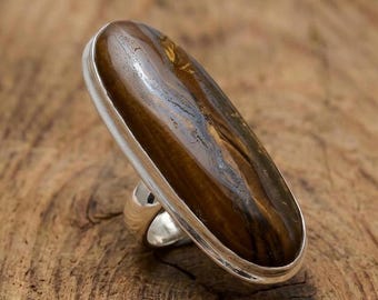 Long Oval Tiger's Eye Ring • Large Vertical Brown Gemstone Statement Ring